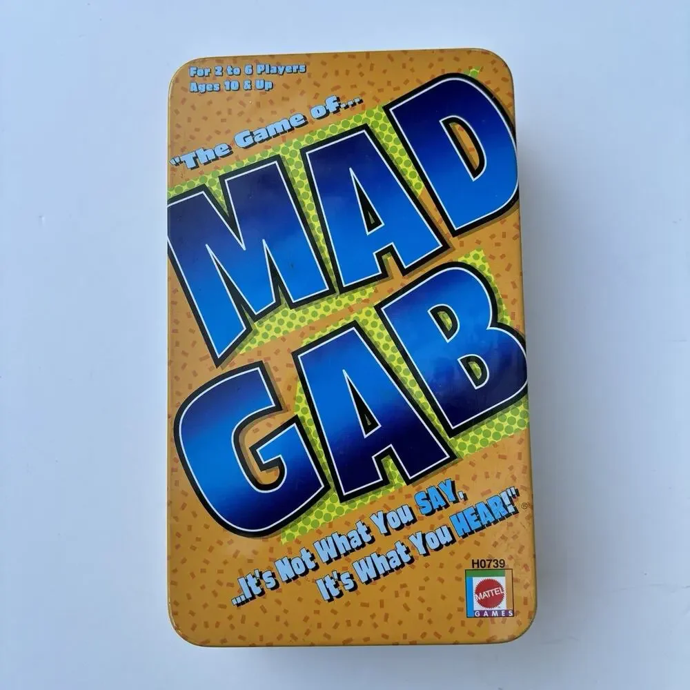 Mad Gab Game Tin COMPLETE Mattel 2004 Travel Party Game Words Humor